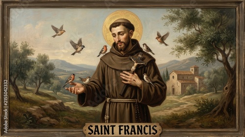 A classical oil painting depicts saint francis of assisi with birds perched on his hands and arms in a scenic landscape religious