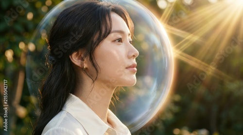 A young woman gazes thoughtfully forward framed by a large iridescent soap bubble in a sun drenched outdoor setting adult female portrait