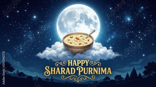 A bowl of kheer rests upon clouds beneath a full moon in a scenic nighttime illustration ricepudding sweetdish dessert indiancuisine fullmoon nightsky