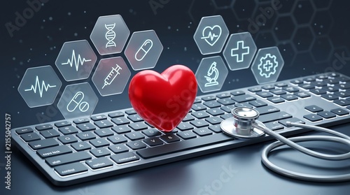 Red heart placed on computer keyboard with digital medical icons for healthcare technology and diagnostic online services representation
