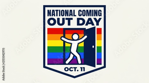 National coming out day emblem features a figure stepping through an open doorway styled as a vector illustration advocacy awareness celebration community