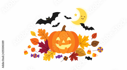 Colorful Halloween illustration featuring a carved pumpkin, bats, and fall foliage for festive seasonal designs