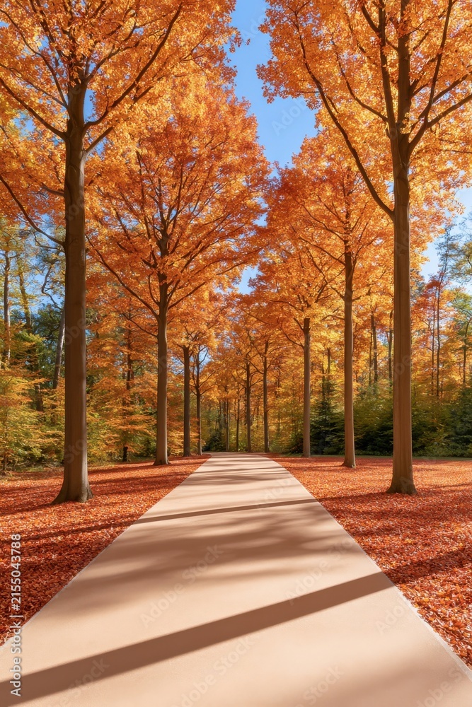 Obraz premium Autumn forest path carpeted with golden and red fallen leaves under tall trees