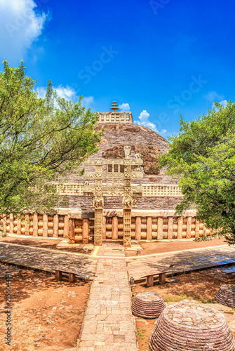 Great Stupa and Torana Gateway Framed by Trees at Sanchi, India