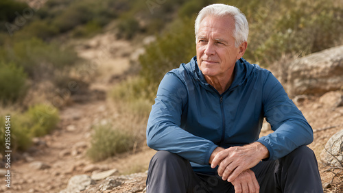 Older male athlete sits and rests on a rocky nature trail during a recovery break from outdoor fitness training.