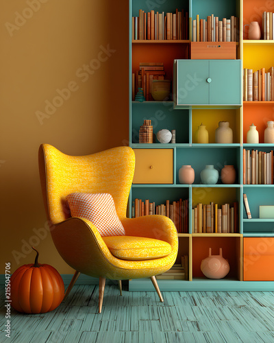 Yellow armchair with a pumpkin in a colorful room with a bookshelf