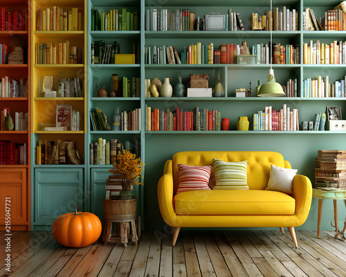 Yellow sofa in a cozy home library with bookshelves and a pumpkin