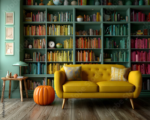 Yellow sofa in a cozy home library with colorful bookshelves and a pumpkin