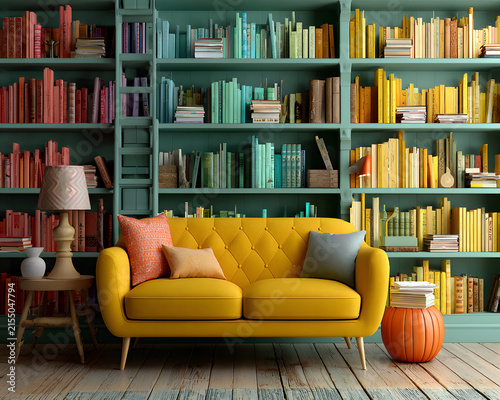Yellow sofa in cozy home library with many books on wooden shelves