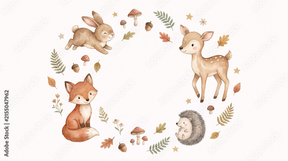 Obraz premium Cute Watercolor Woodland Animals Frame with Fox Deer Bunny and Hedgehog