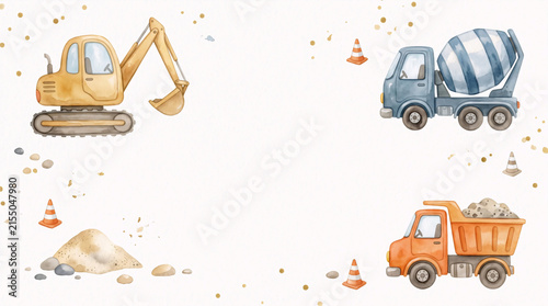 Watercolor Construction Vehicles Frame for Kids Birthday Card with Copy Space