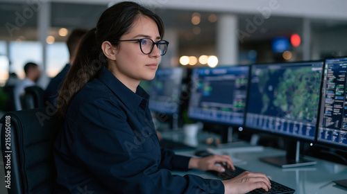 Concentration in Control Room: A focused woman wearing glasses intently observes multiple computer monitors displaying complex data and maps in a modern control room environment.