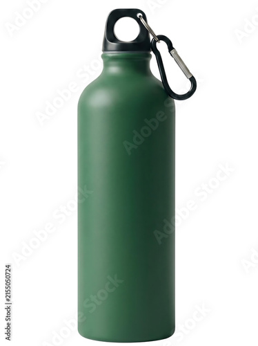 Green reusable aluminum water bottle with carabiner clip