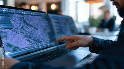 GIS Specialist at Work: A close-up of a person's hand pointing to a digital map displayed on a laptop screen.
