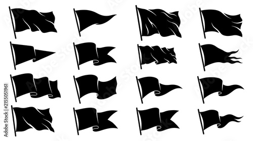 Set of 16 black fluttering flag silhouettes on white background. Ideal for maps, location markers.