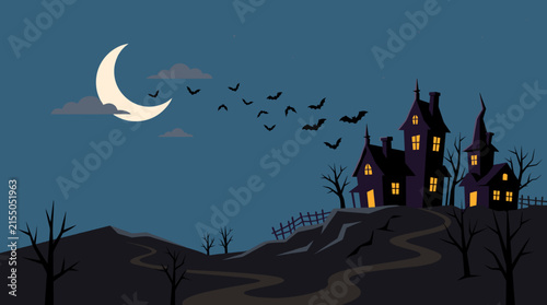 Silhouette of a haunted house on a hill with bats and crescent moon in the night sky. Perfect for Halloween banners, event flyers, scary website backgrounds