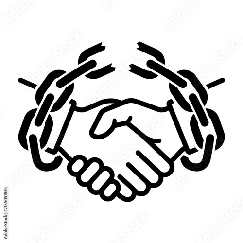 Icon of a handshake with broken metal chains symbolizing freedom and liberation. Perfect for social justice posters, partnership agreements, human rights campaigns.