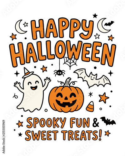 Halloween doodle typography with cute characters on white background. Ideal for social media, packaging.