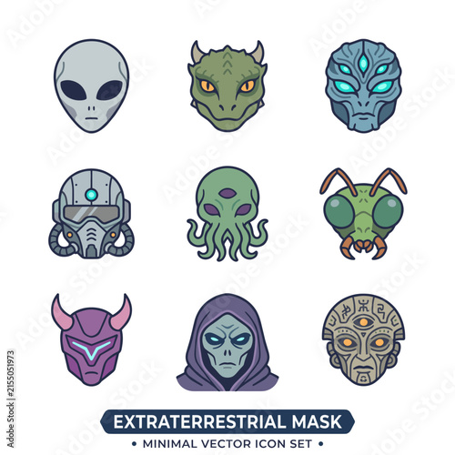 Set of various alien and mythical creature masks in a minimalist vector style. Perfect for sci-fi gaming assets, character design guides, creative web icons.