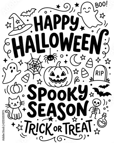 Halloween doodle line art with spooky typography on white background. Ideal for posters, coloring books.