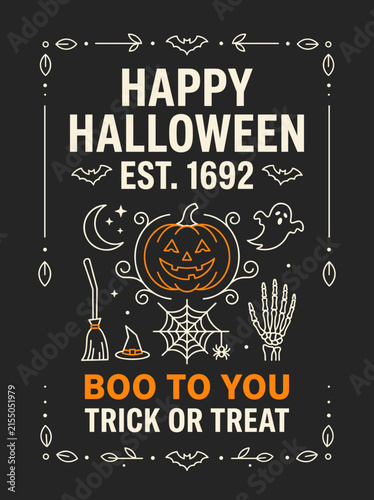 Vintage Halloween typography poster with icons on dark background. Ideal for flyers, wall art.