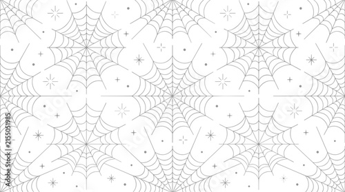 Halloween pattern of delicate spider webs and stars on a white background. Perfect for Halloween gift wrapping, party decorations, seasonal textile prints.