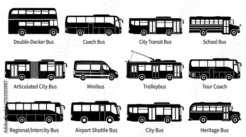  Set of 12 black bus silhouettes on white background. Ideal for transportation brochures, urban planning.
