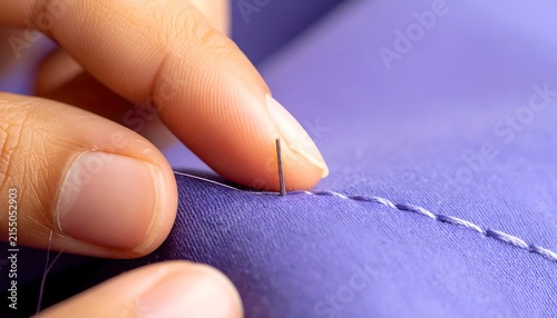 Hand Stitching Purple Fabric with Needle, Precision Needlework and Artisan Sewing Craftsmanship
