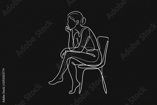 Continuous line drawing of a sad thinking woman sitting on chair, transparent background, isolated on white