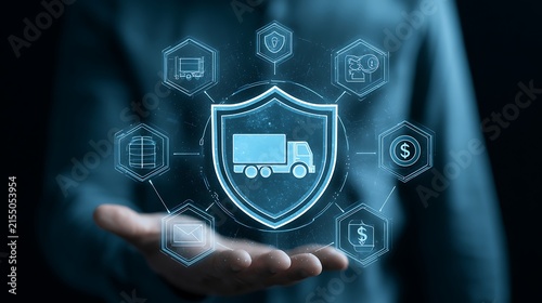 Digital protection shield over a delivery truck icon held by a businessman. Logistics security and insurance.