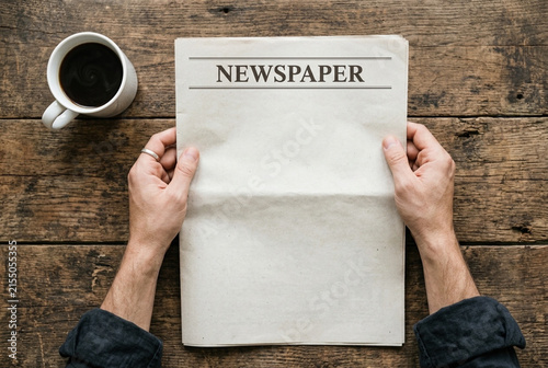 Hands Holding Blank Newspaper and Coffee Cup, Isolated on White and Transparent Background