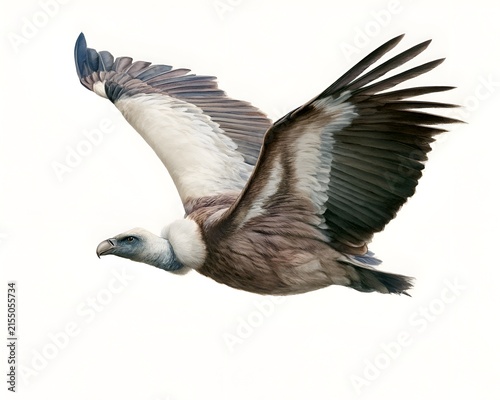 Griffon vulture in flight with wings spread against a white background