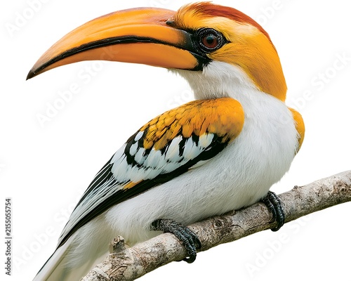 Close-up profile of a magnificent Hornbill bird with an enormous orange beak perched on a branch