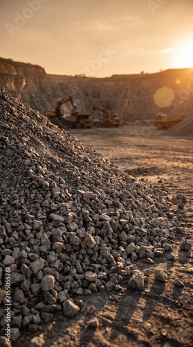 Heavy machinery and piles of rocks in a quarry at sunset