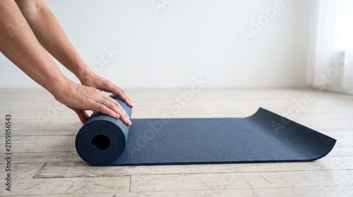 Hands rolling up a dark blue yoga mat on a wooden floor. The background is a bright, minimalist room with a white wall