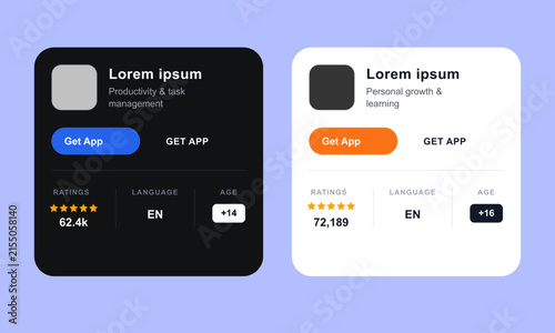 Set of dark and light dashboard app UI cards with ratings, statistics and download buttons template