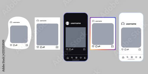 Set of social media post and mobile app UI templates with blank photo frames and profile elements