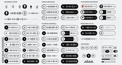 Set of voice message UI elements, audio waveforms, sound players and recording buttons interface icons