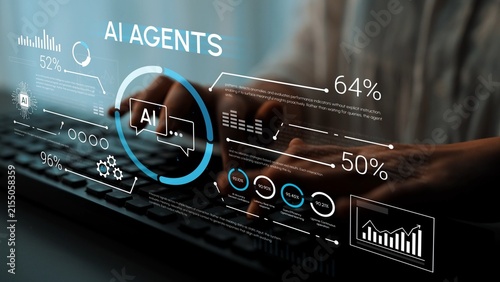 Advanced AI agents in digital workspace with interactive data analytics interface for business decision-making and technology innovation, focused on productivity enhancement. Entropy.