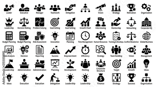 Business leadership icon set presents black vector symbols representing strategy, management, teamwork, and corporate hierarchy.