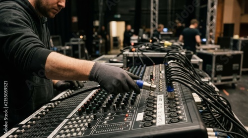 Stagehand disconnecting audio cables from mixing console backstage after concert, event setup and teardown