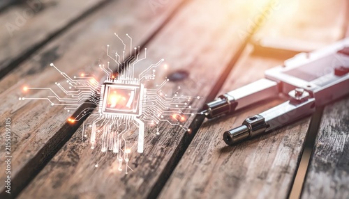 Close-up of a glowing microchip with sparks on a rustic wooden surface.