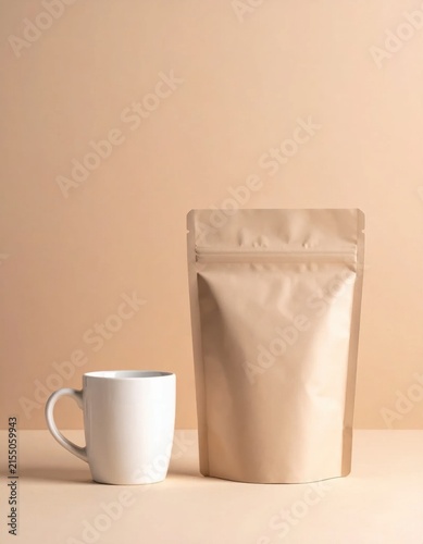 Blank kraft paper pouch and white mug, product packaging mockup, sustainable coffee branding, snack bag