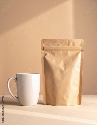 Blank kraft paper pouch mockup with white ceramic coffee mug on beige background, food packaging, organic product branding