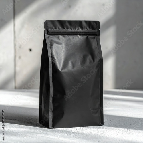 Blank matte black stand up pouch mockup for coffee beans, tea or snacks packaging design, branding showcase