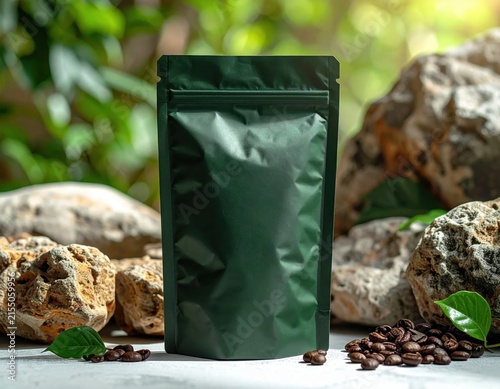 Blank dark green pouch coffee bag mockup, roasted coffee beans on textured rocks, organic natural product branding, eco-friendly retail packaging