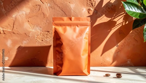 Blank orange coffee pouch standing on marble surface with terracotta wall background, ideal for food packaging mockup