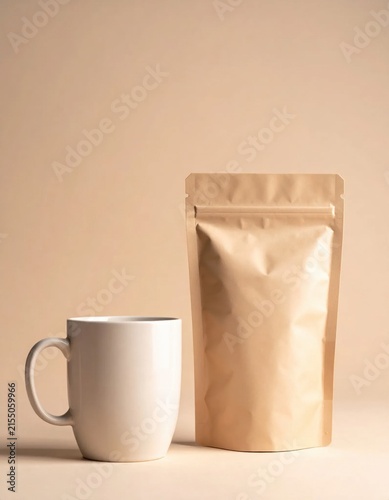 Blank paper pouch packaging and ceramic mug for coffee or tea, product branding mockup, sustainable materials, food storage