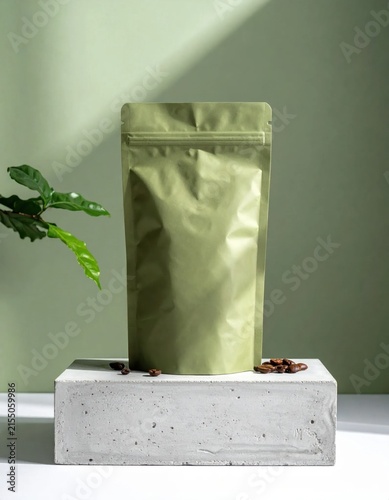 Blank sage green stand up pouch packaging on concrete block with coffee beans and green leaves