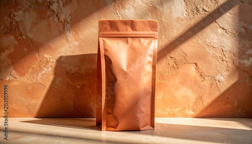 Blank terracotta stand up coffee pouch mockup, sustainable packaging, branding display, retail product template